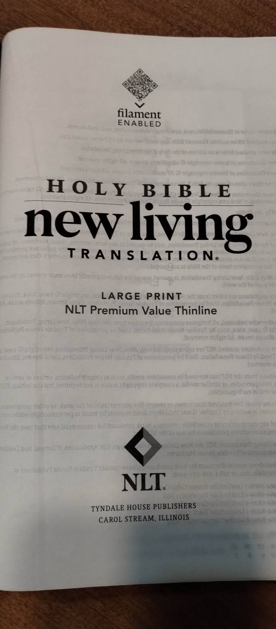 A large-print New Living Translation Bible, the version the ministry buys for people inside the jail